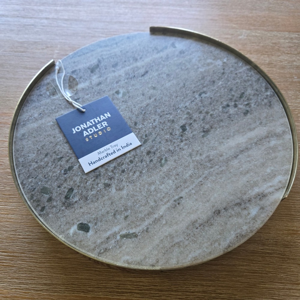 Jonathan Adler Studio Round Marble Tray Gold Brass Trim Grey Stone Modern 12"